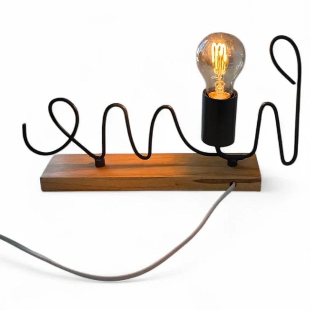 Mercantile Market Home Wireworks Gray Script Accent Lamp on Wood Base